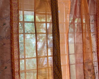 Cortinas de sari laranja, cortinas artesanais recicladas com tiras de sari, cortina transparente hippie para janela e porta, decoração boho para casa.