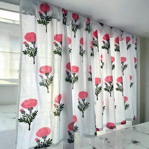 Handmade Cotton Block Print Valance Pink Marigold Flower on White Elegant Window Treatment Classic Home Decor Accent for Living Room Bedroom