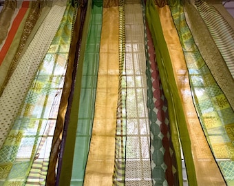 Green Boho Saree Curtains Upcycled Handmade Saree Curtains with Saree strips Window and door Sheer Hippie Curtain Bohemian Saree home decor