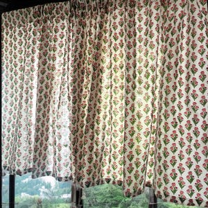 Handmade Cotton Block Print Valance Small Pink Tulips on White Elegant Window Treatment Classic Home Decor Accent for Living Room & Bedroom