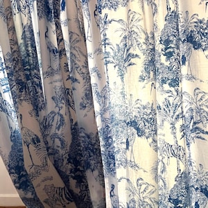 Handmade French Blue Toile De Jouy Jungle Print Curtains Elegant Cotton Window Treatment for Bedroom & Living room Classic Home Decor Accent