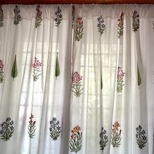 Handmade Cotton Block Print Curtain White Botanicals Flowers Elegant Window Treatment Classic Home Decor Accent for Living Room & Bed Room