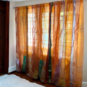 Orange Saree Curtains Upcycled Handmade Saree Curtains with Saree strips Window and door Sheer Hippie Curtain Bohemian Saree home decor