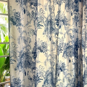 Handmade French Blue Toile De Jouy Jungle Print Curtains Elegant Cotton Window Treatment for Bedroom & Living room Classic Home Decor Accent
