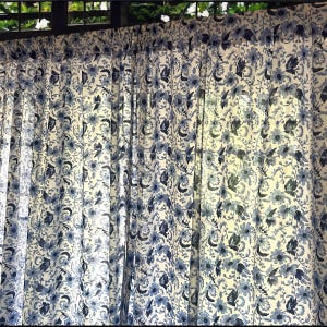 Handmade Cotton Block Print Blue Daisies and Cornflowers Elegant Window Treatment for Bedroom Living room Classic Home Decor Accent Curtains
