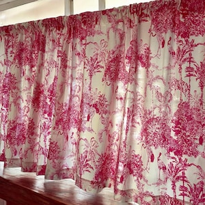 Handmade French Pink Toile De Jouy Jungle Print Valance Elegant Cotton Window Treatment for Bedroom & Living room Classic Home Decor Accent