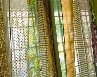 Green Boho Saree Curtains Upcycled Handmade Saree Curtains with Saree strips Window and door Sheer Hippie Curtain Bohemian Saree home decor