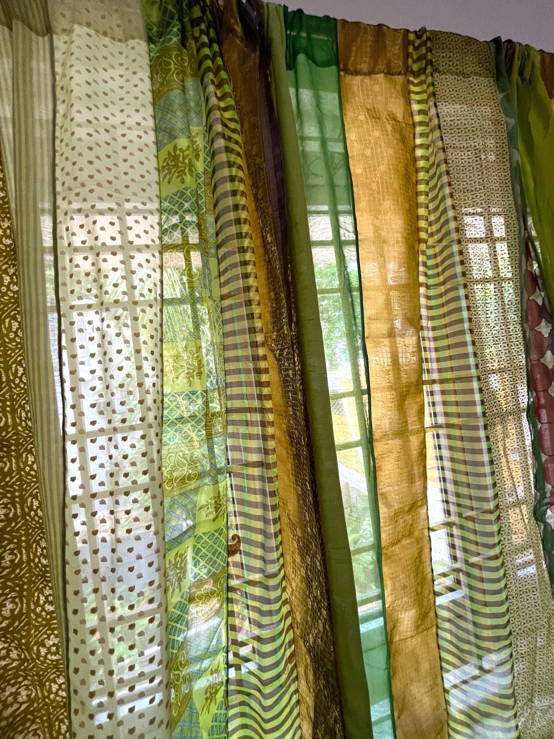 Green Boho Saree Curtains Upcycled Handmade Saree Curtains with Saree strips Window and door Sheer Hippie Curtain Bohemian Saree home decor