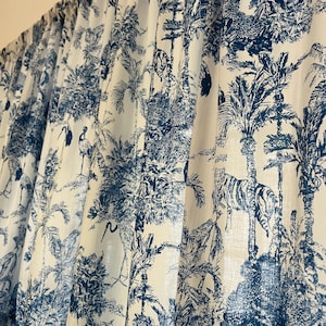 Handmade French Blue Toile De Jouy Jungle Print Valance Elegant Cotton Window Treatment for Bedroom & Living room Classic Home Decor Accent