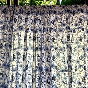 Handmade Cotton Block Print Blue Daisies and Cornflowers Elegant Window Treatment for Bedroom Living room Classic Home Decor Accent Curtains