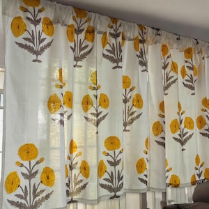 Cenefa de algodón hecha a mano con estampado de bloques, diseño de amapola amarilla del Himalaya, elegante tratamiento para ventanas, decoración clásica para el hogar, acento para sala de estar y dormitorio.