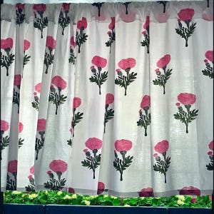 Handmade Cotton Block Print Valance Pink Marigold Flower on White Elegant Window Treatment Classic Home Decor Accent for Living Room Bedroom