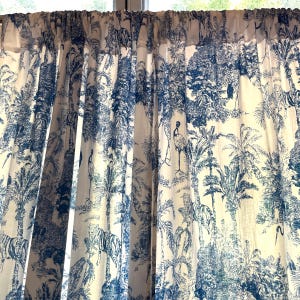Handmade French Blue Toile De Jouy Jungle Print Curtains Elegant Cotton Window Treatment for Bedroom & Living room Classic Home Decor Accent
