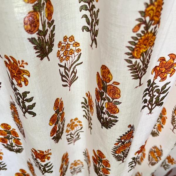 Handmade Cotton Block Print Orange Green Lilies and Wildflowers Elegant Window Treatment for Bedroom & Living room Classic Home Decor Accent