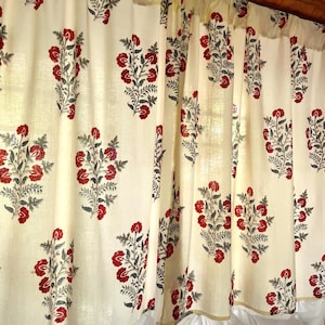 Handmade Cotton Block Print Red Wild Roses On Cream Elegant Window Treatment for Bedroom & Living room Classic Home Decor Accent with Flower