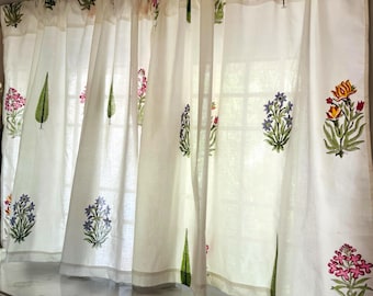 Handmade Cotton Block Print Valance White Botanical Flowers theme Elegant Window Treatment Classic Home Decor Accent for Living Room Bedroom