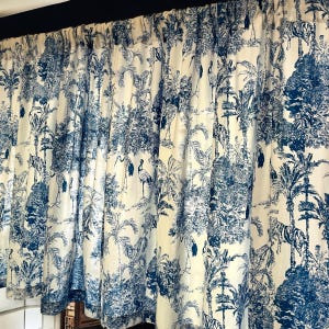 Handmade French Blue Toile De Jouy Jungle Print Valance Elegant Cotton Window Treatment for Bedroom & Living room Classic Home Decor Accent