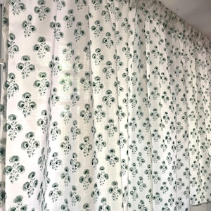 Handmade Cotton Block Print Green Chrysanthemum on White Elegant Window Valances for Bedroom Living room Classic Home Decor Accent Curtain