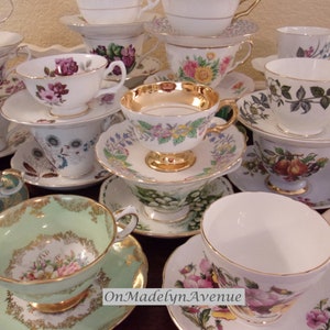 English Bone China Mix and Match Teacups and Saucers, Sets of 4