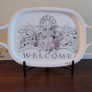 Hand Painted Silverplate Butler's Tray, "Welcome" With Peonies