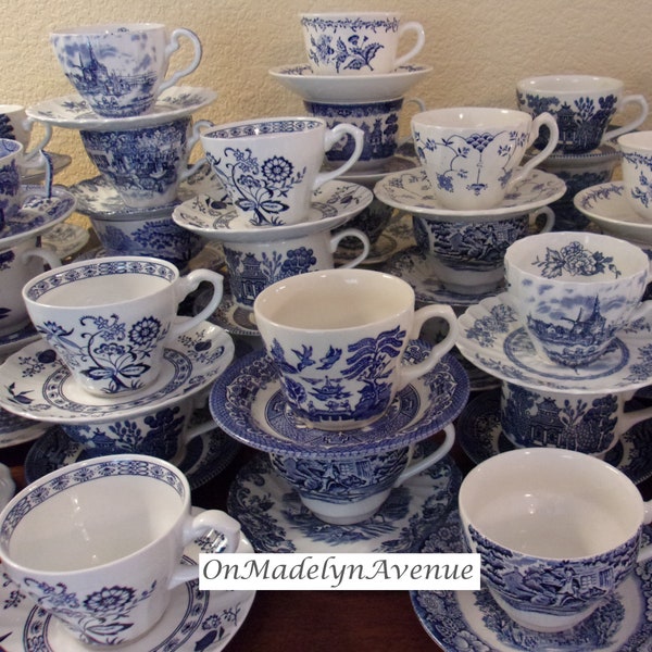 Blue and White Transferware, Mismatched Teacups and Saucers, Sets of 4