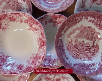 Mismatched Red and White Transferware Cereal or Dessert Bowls, Sets of 4