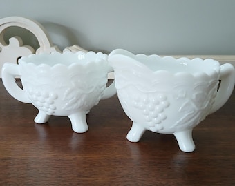 Imperial, Milk Glass, Grape Pattern, Sugar and Creamer Set, Doeskin with Scalloped Edges