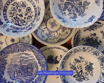 Mismatched Blue and White Transferware Cereal Bowls, Sets of 4