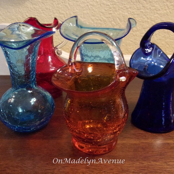 Mid Century Hand Blown Crackle Glass Vases, Mixed Colors