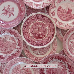 Mismatched Red/Pink Transferware Dinner Plates, Sets of 4, Various Makers