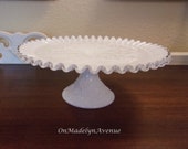 Fenton Milk Glass, Raised Cake Stand, Silvercrest with Spanish Lace