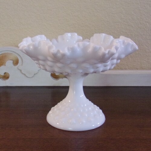 Vintage Fenton Milk Glass Hobnail Pedestal Candy Etsy