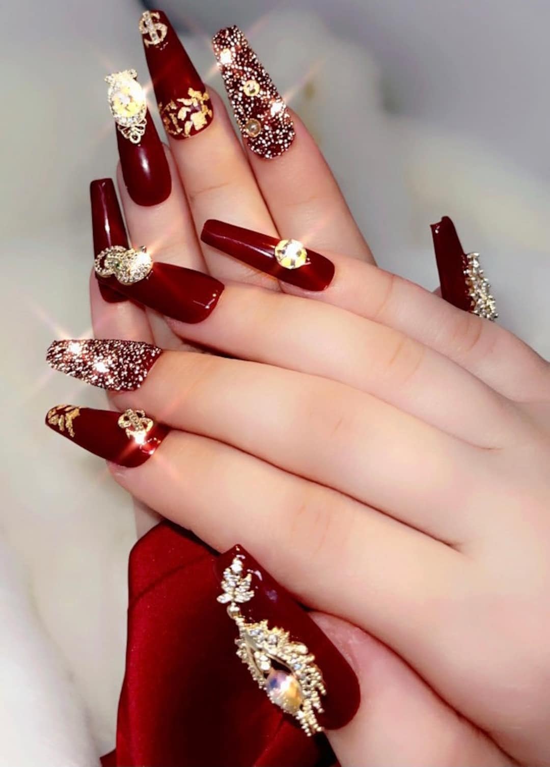 New Set New Me: Swarovski Red&Gold Bling Nails Week 1 1/2 (when a crystal  pops off?) 