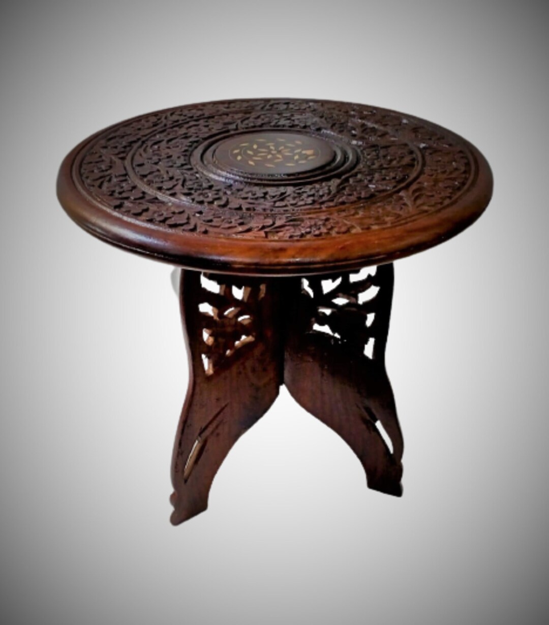 Vintage Carved Teak Coffee Table Round Side Table Moroccan Etsy