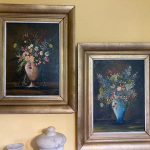 F. Domínguez, Natures mortes florales, 1945, Huile sur carton pressé, Lot de 2 Décoration murale, maison, art, peintures, art romantique, art naturel