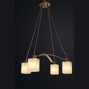 Matt Opaline Cube Suspension Lamp, Chrome Metal Hanging Oak Chandelier, Handmade Vintage Fixture