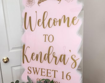 Personalized Sweet Sixteen Acrylic Welcome Sign, Gold Lettering