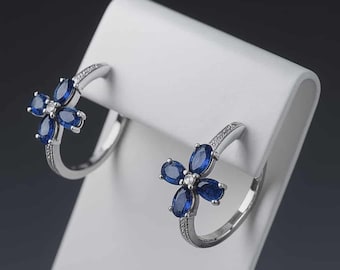 Masoala Sapphire & White Zircon Hoop Earrings 925 Sterling Silver