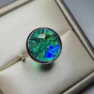13.15ct Peacock Triplet Quartz Solitaire Ring in 925 Sterling Silver SIZE L