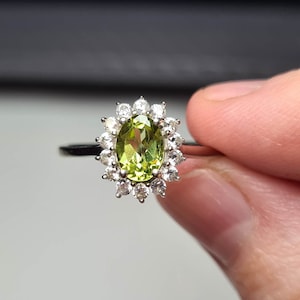 Hebei Peridot with Natural Cambodian Zircon Halo Ring 925 Sterling Silver SIZE O