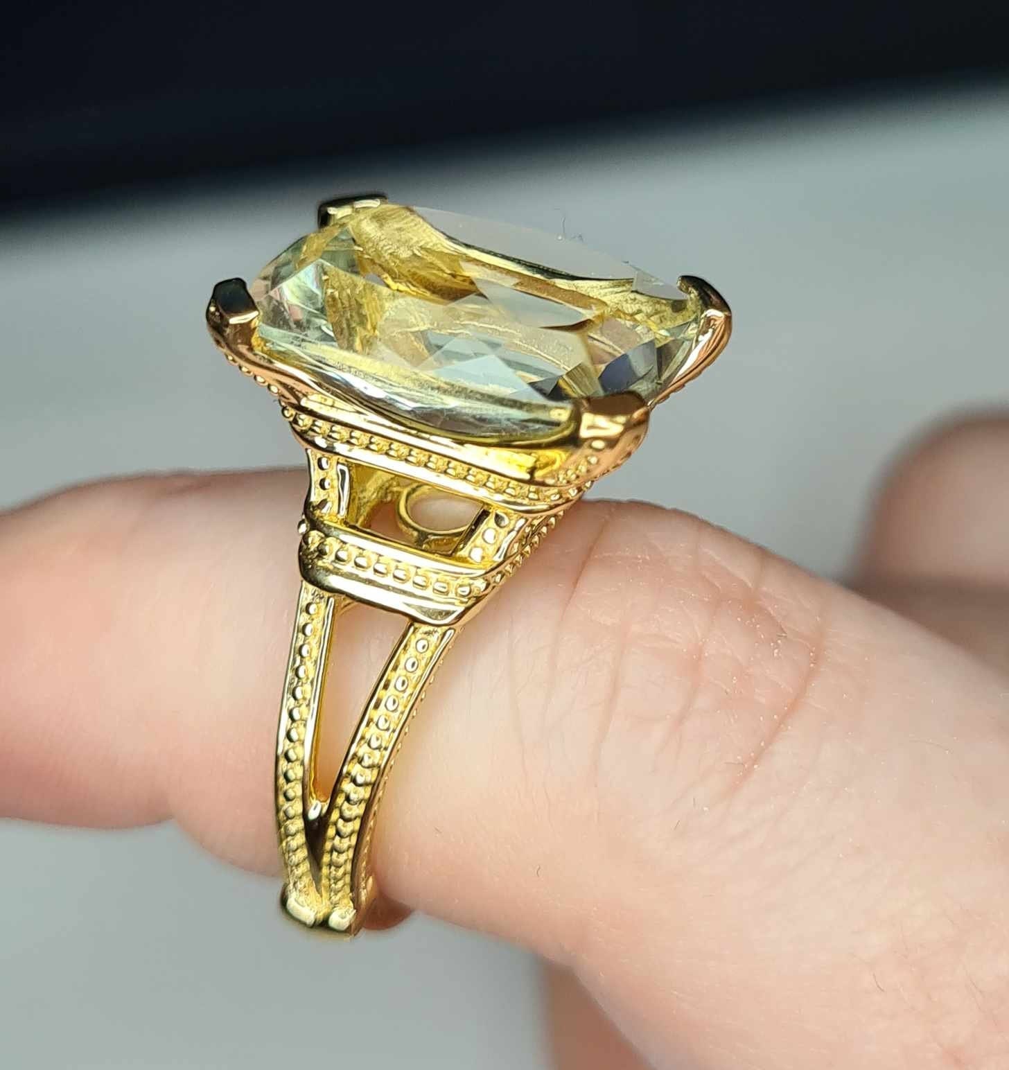 10.50ct Prasiolite Solitare Ring in 18K Yellow Gold Overlay 925 Sterling Silver
