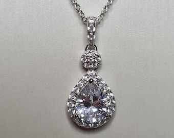 Pear Drop Diamond Necklace 925 Sterling Silver