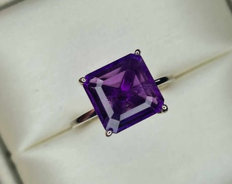 4.83 Ct AAA Asscher Cut Amethyst Solitaire Ring 925 Sterling Silver SIZE M