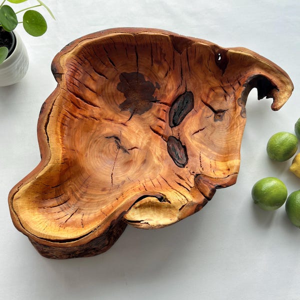 Hand Carved Fruit Bowl, 20" x 13.5" x 3.5", Cherry Wood, Wabi Sabi Style, Matte Finish, Live Edge