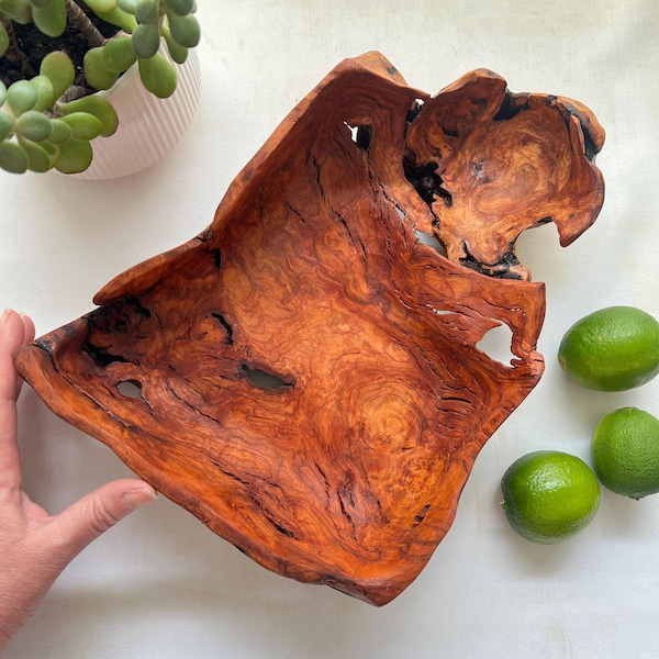 Hand-Carved Cherry Wood Burl Bowl, 12.5" x 9" x 3", Live Edge Valet Tray, Wabi Sabi Entry Dish
