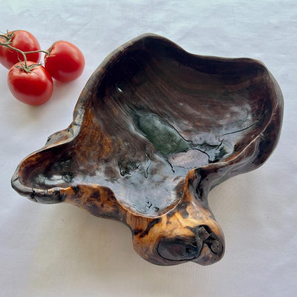 Small Black Walnut Bowl, 14.5" x 11" x 4", Hand Carved, Fruit Bowl, Rustic Entry Dish, Asymmetrical, Wabi Sabi, Primitive, Green Resin