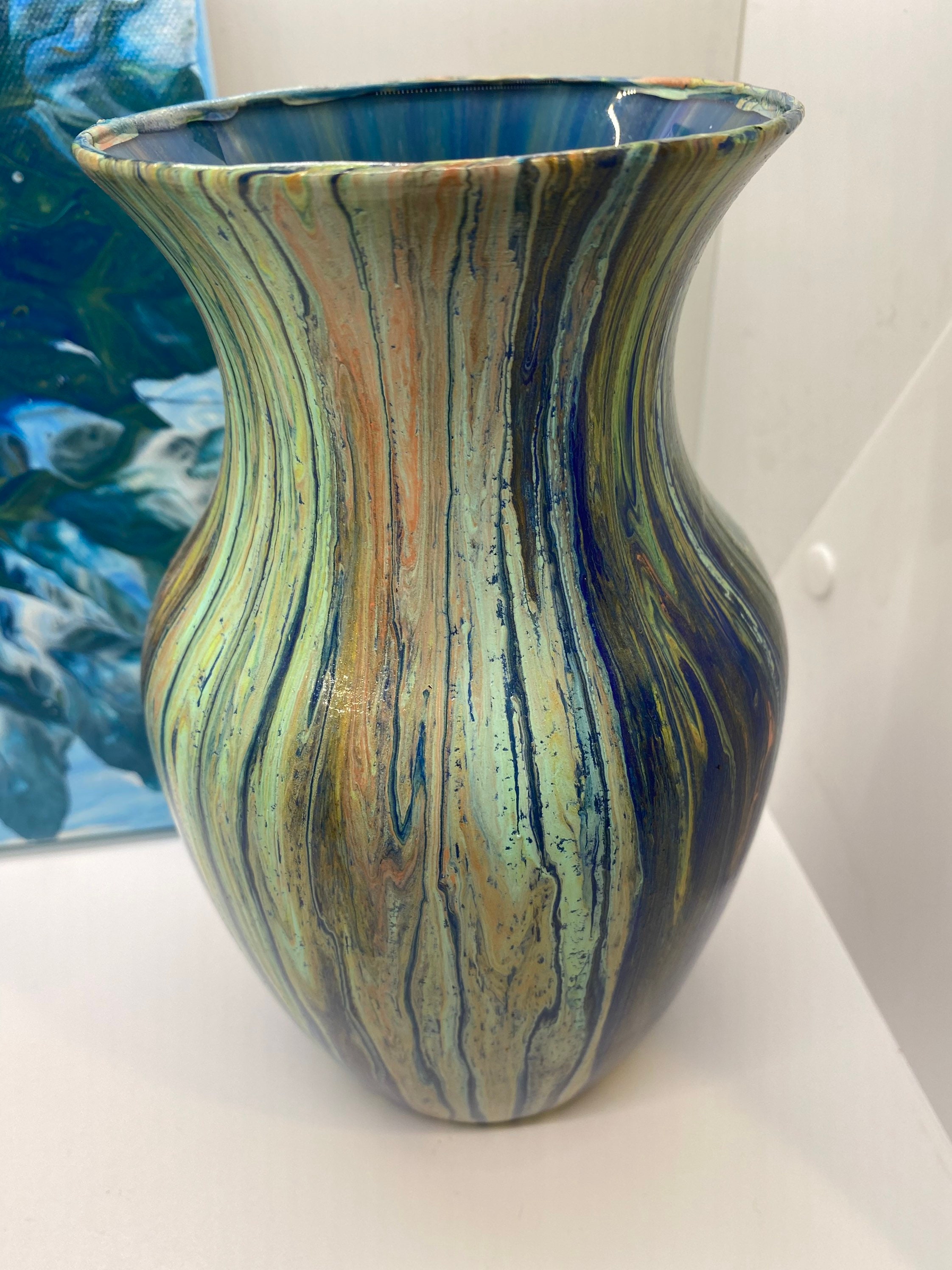 Acrylic pour abstract painting and matching vase. Vase is 8 Etsy