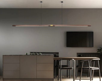 Extra lange ronde lineaire hanger hanglamp kroonluchter lamp licht minimalistisch zwart walnoot messing verlengd middenstuk 220 cm IVY + Joe