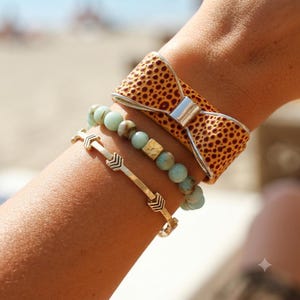 Boho Chic Bracelet Collection - Choose Your Style: Leopard Print Leather Bow Cuff, Amazonite Beads, or  Arrow Bangle Stack Layered