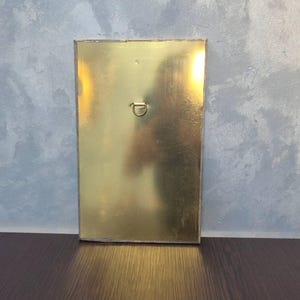 May include: A rectangular, gold-colored metal plaque with a D-ring for hanging. The plaque has a smooth, reflective surface and is mounted on a wooden frame. The back of the plaque is visible, showing the mounting hardware.
